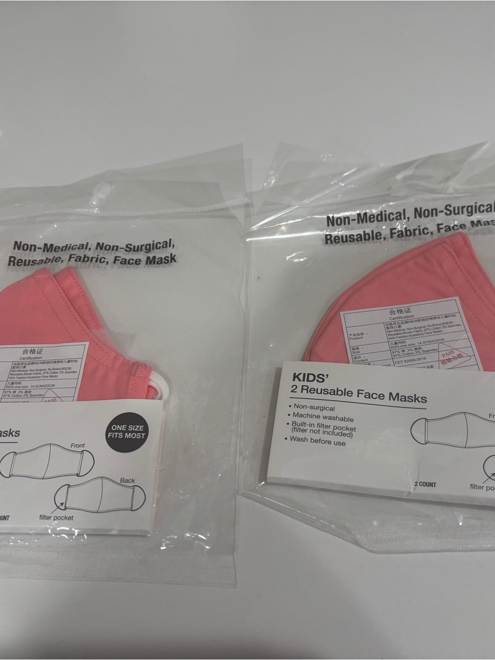 NWT - Kids Reusable Pink Fabric Face Masks - Pack of 2 (2packs)